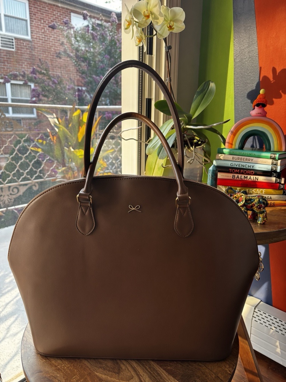 Caramel Faux Leather Work Tote Laptop Bag | Gold Bow Details | NWOT - Picture 1 of 14